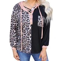 2022 spring new womens fashion sweatshirt leopard print half open collar long sleeve pocket panel hooded top