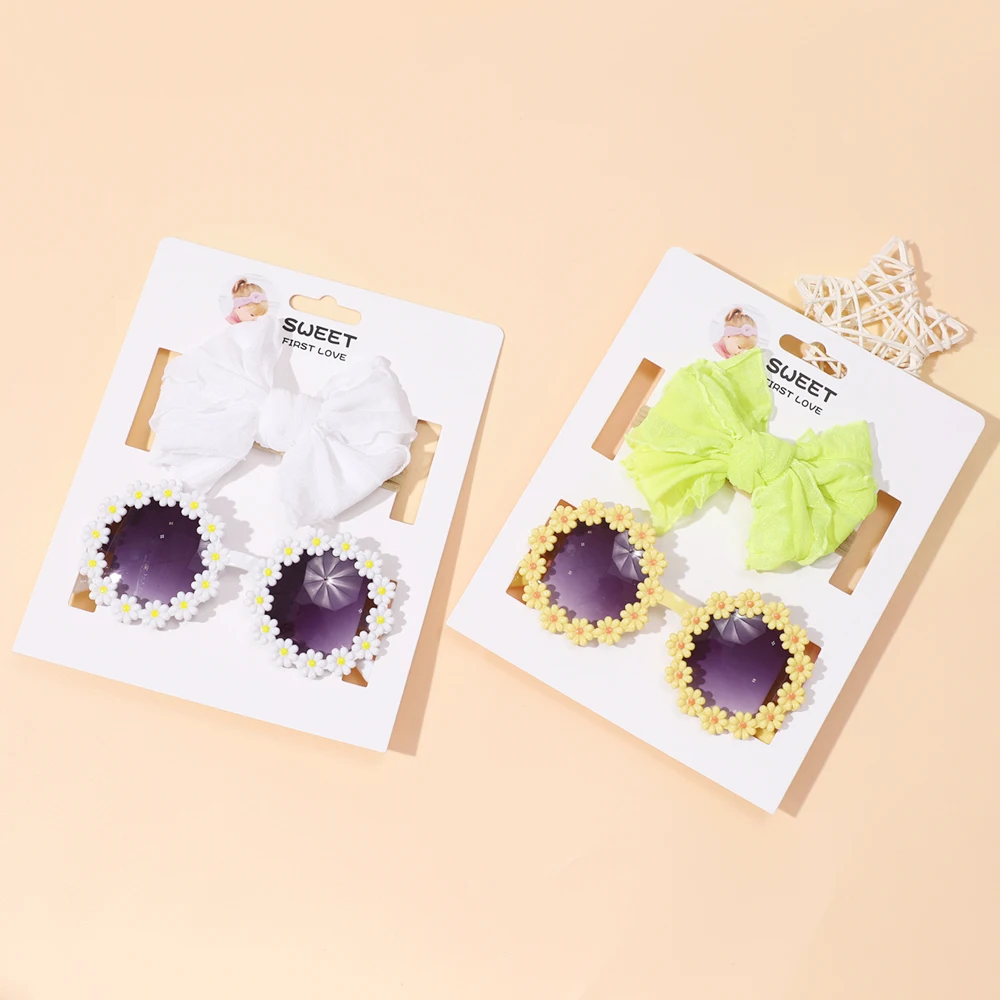 

Baby Girls Fashion Sun Flower Sunglasses Bow Hairband Set Hair Accessories Newborn Head Bands Summer Beach Photography Props
