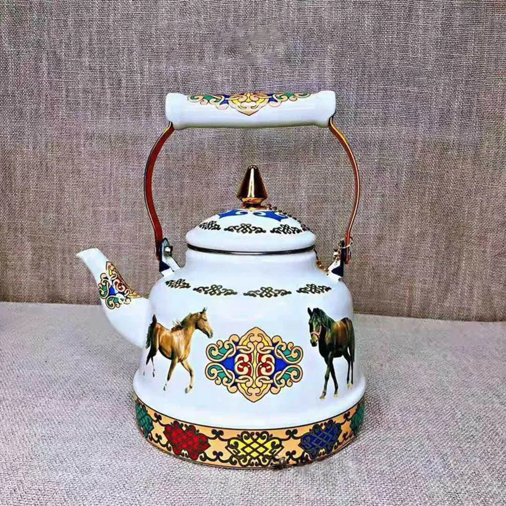 

1.7L Tibetan Style Porcelain Enameled Teapot Chinese Ethnic Characteristic Milk Tea Infuser Enamel Boiling Water Kettle
