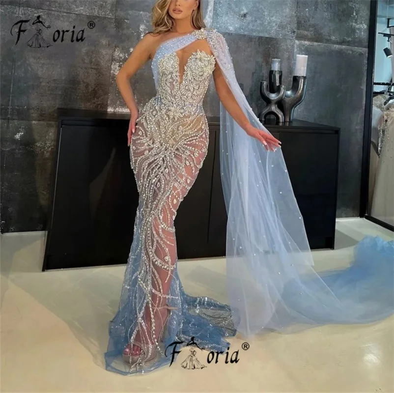 

Gorgeous Full Crystal Beading Evening Dresses Illusion Light Blue Mermaid Prom Dress Cape Sleeves Robe De Soiree Custom Made