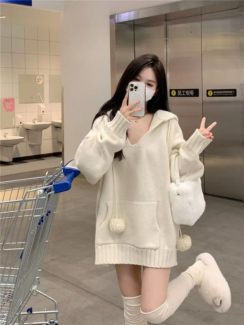 

Korea Sweater Autumn Winter Vintage Solid Up Hooded Pullover Women's Long Sleeve Pockets Straight Slim Pullover 2022 New