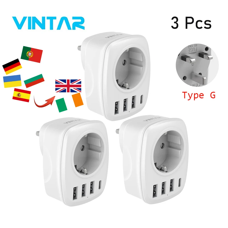 

3 Pcs EU to UK Travel Adapter 4-in-1 UK Plug Adapter Wall Charger with 1 Outlet 3 USB 1 Type C Charger Multiple Plug for Offic