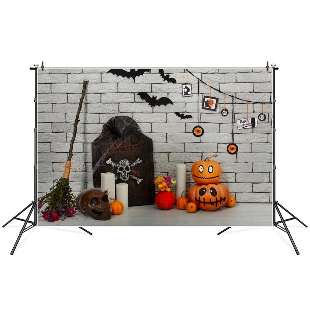

Happy Halloween Brick Wall Scene Photography Backgrounds Custom Skull Broom Tombstone Bat Baby Party Decoration Photo Backdrops