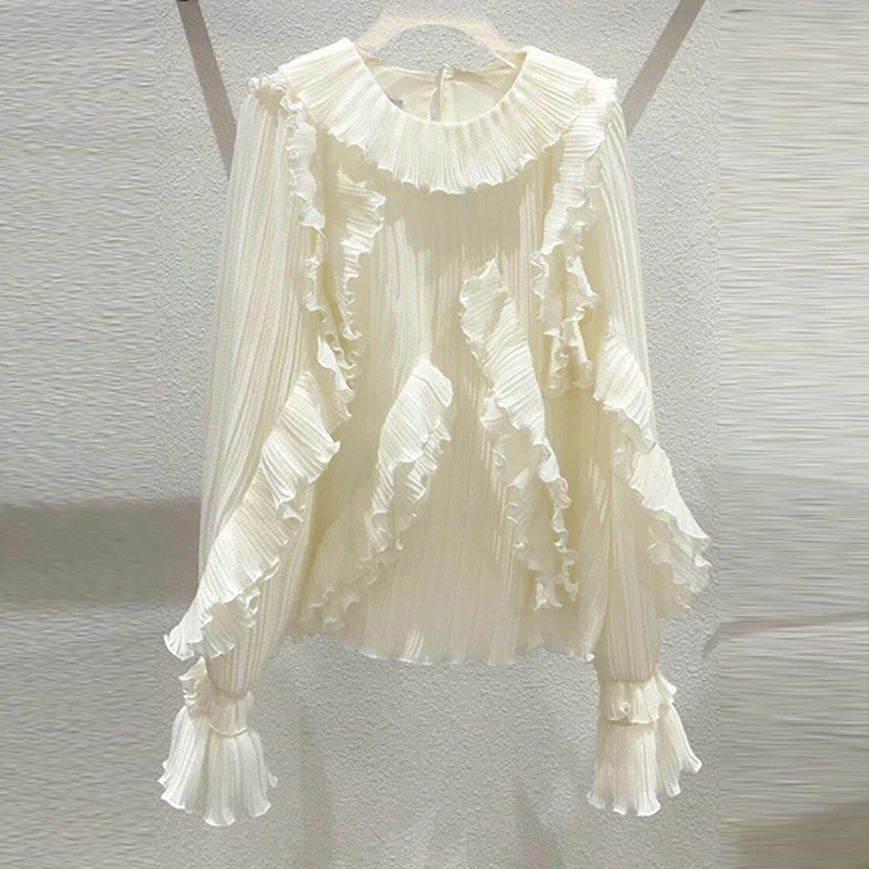 

Женская шифоновая блузка с рюшами, Летний Новый дизайн 2022, элегантные офисные женские пальто с расклешенными рукавами, высокое качество