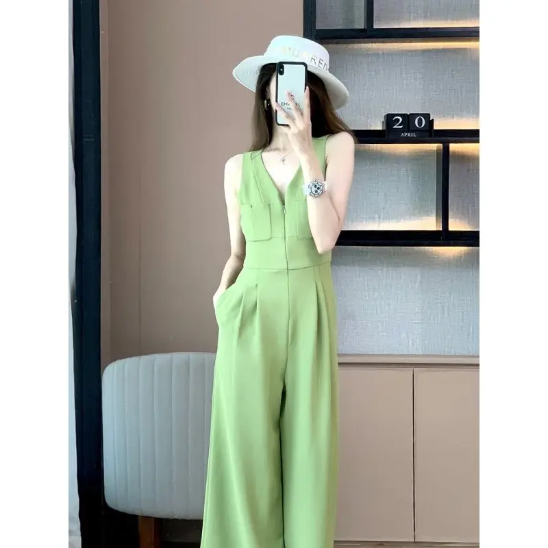 

Sexy Deep V-neck Wide Legs Jumpsuit Women Fashion Sleeveless Lapel Rompers Ladies Casual Solid High Waist Streetwears Q181