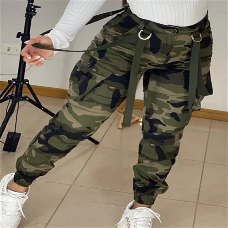Women's high waist overalls camouflage printed pockets 2022 fashion military green webbing Leggings autumn outdoor sports pants