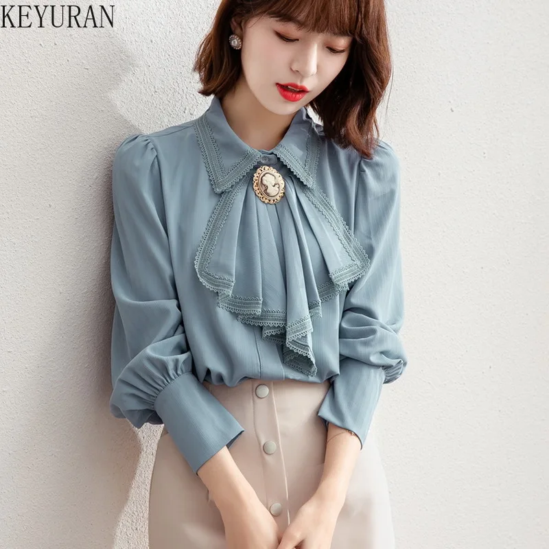 

Vintage Blue Ruffles Shirts Women Blouses 2022 Spring Autumn New Elegant Fashion Long Sleeve Ladies Chic Lace Woman Blouses Tops