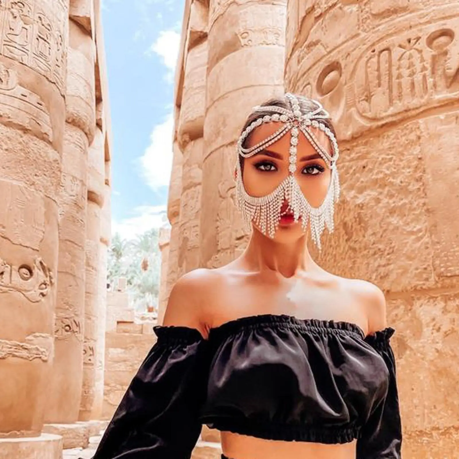 

Womens Face Masks Chain Tassel Veil Jewelry Rhinestone Mask Headwear Chain