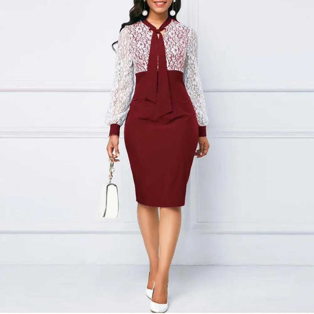 

Midi Dress Stylish Long Sleeve Dress Lace-up Pencil Spring Autumn Lace Patchwork for Prom
