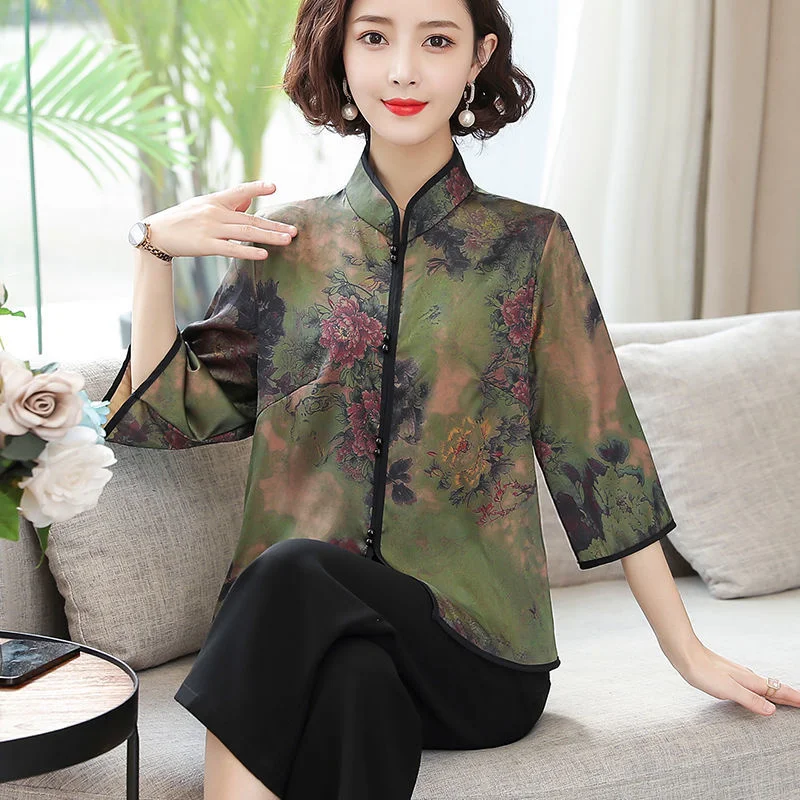 

Spring Chinese Vintage Cheongsam Tops Hanfu Women Blouses Half Sleeve Traditional Tang Suit Harajuku Printing Blouses Mom's Gift