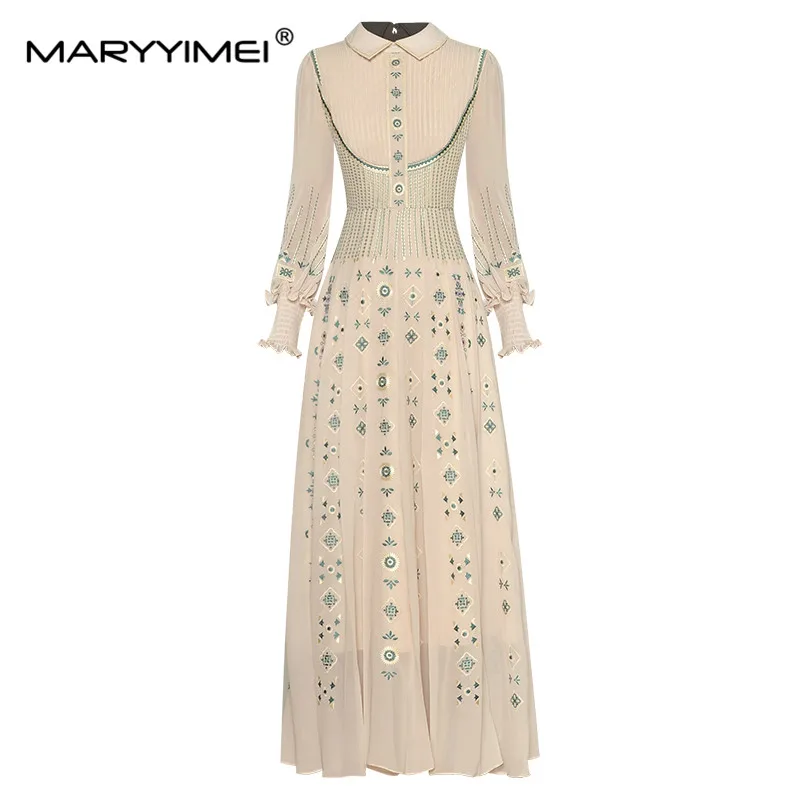 

MARYYIMEI Fashion Designer Spring dress Women's Dress Turn-down Collar Lantern Long Sleeve Flower Embroidery Vintage Dresses