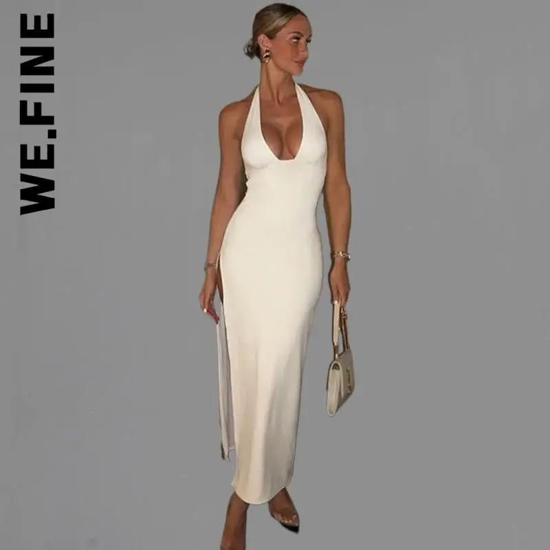 

We.Fine Women New Dress Leisure Dresses Sleeveless Halter Backless Bodycon Slit Prom Maxi Dress Girl Vestidos Female Women