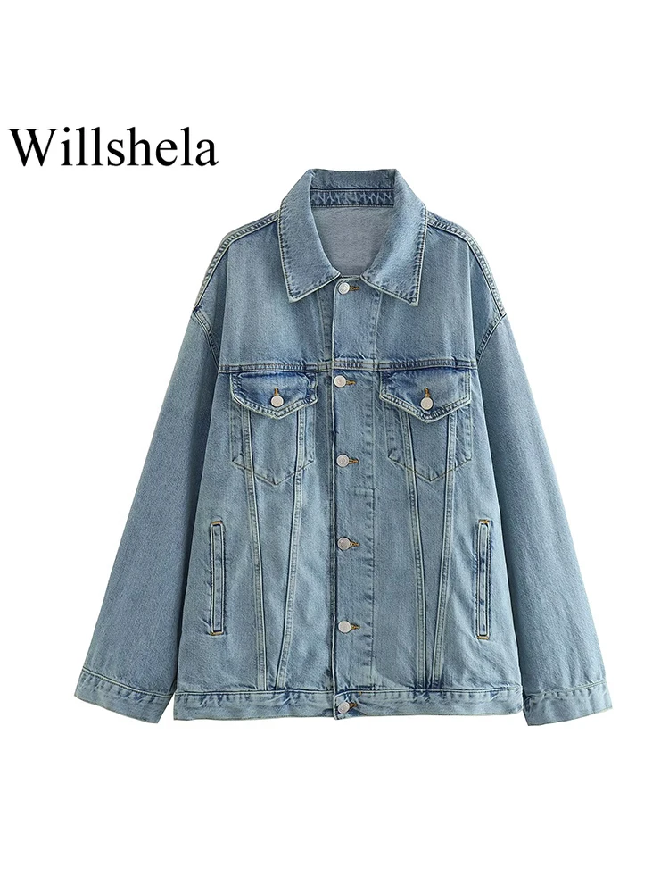 

Willshela Women Fashion Denim Blue Single Breasted Jackets Vintage Lapel Neck Long Sleeves Coats Female Chic Lady Outfits
