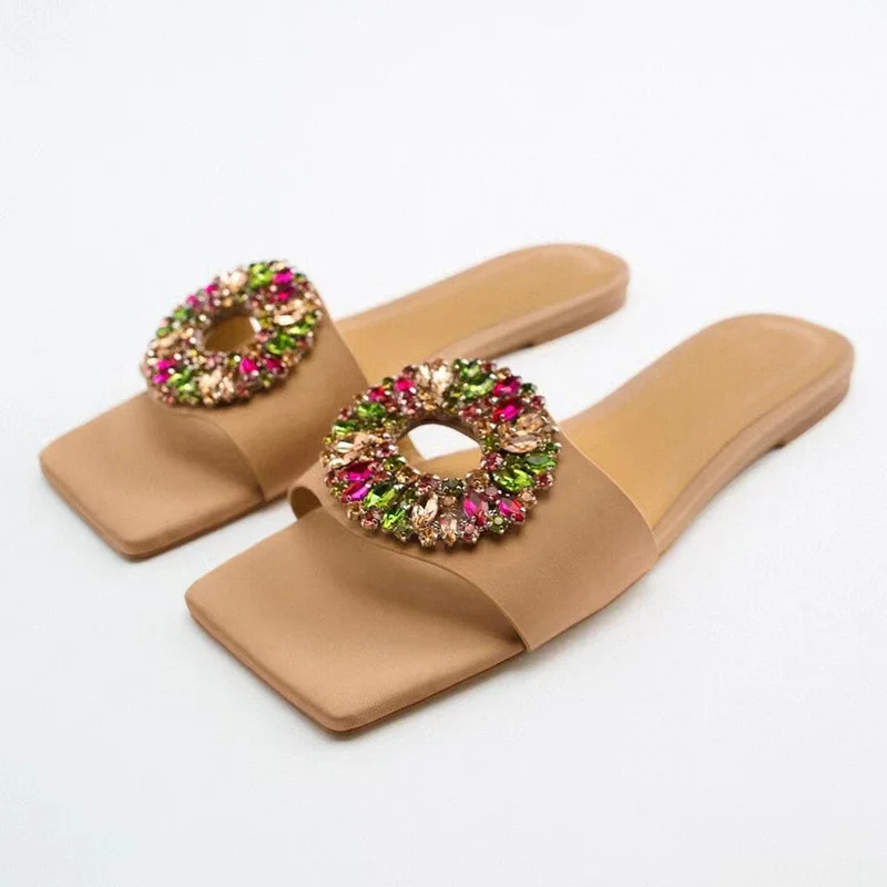 

Square Toe Flat Slippers 2022 Summer Women's Za Fashionable Color Rhinestone Decoration Single Shoe Beaded Temperament Slippers