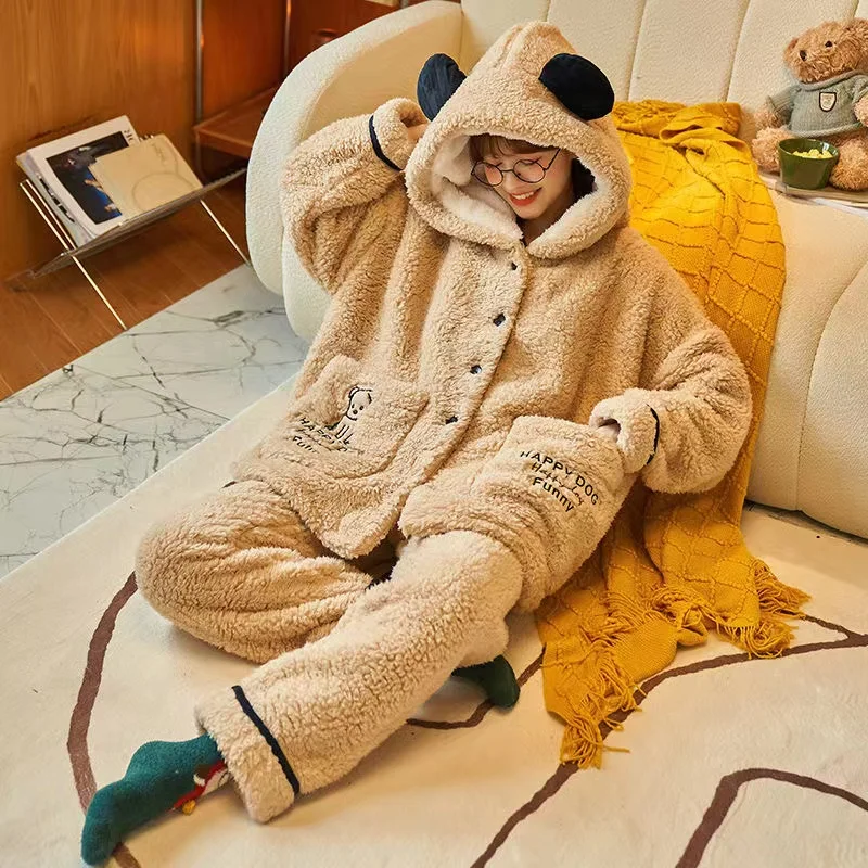 Winter Flannel Pajamas Sets For Women Coral Fleece Thick Warm Sweet Cute Loungewear Home Clothes 2 Piece/Set Sleepwear