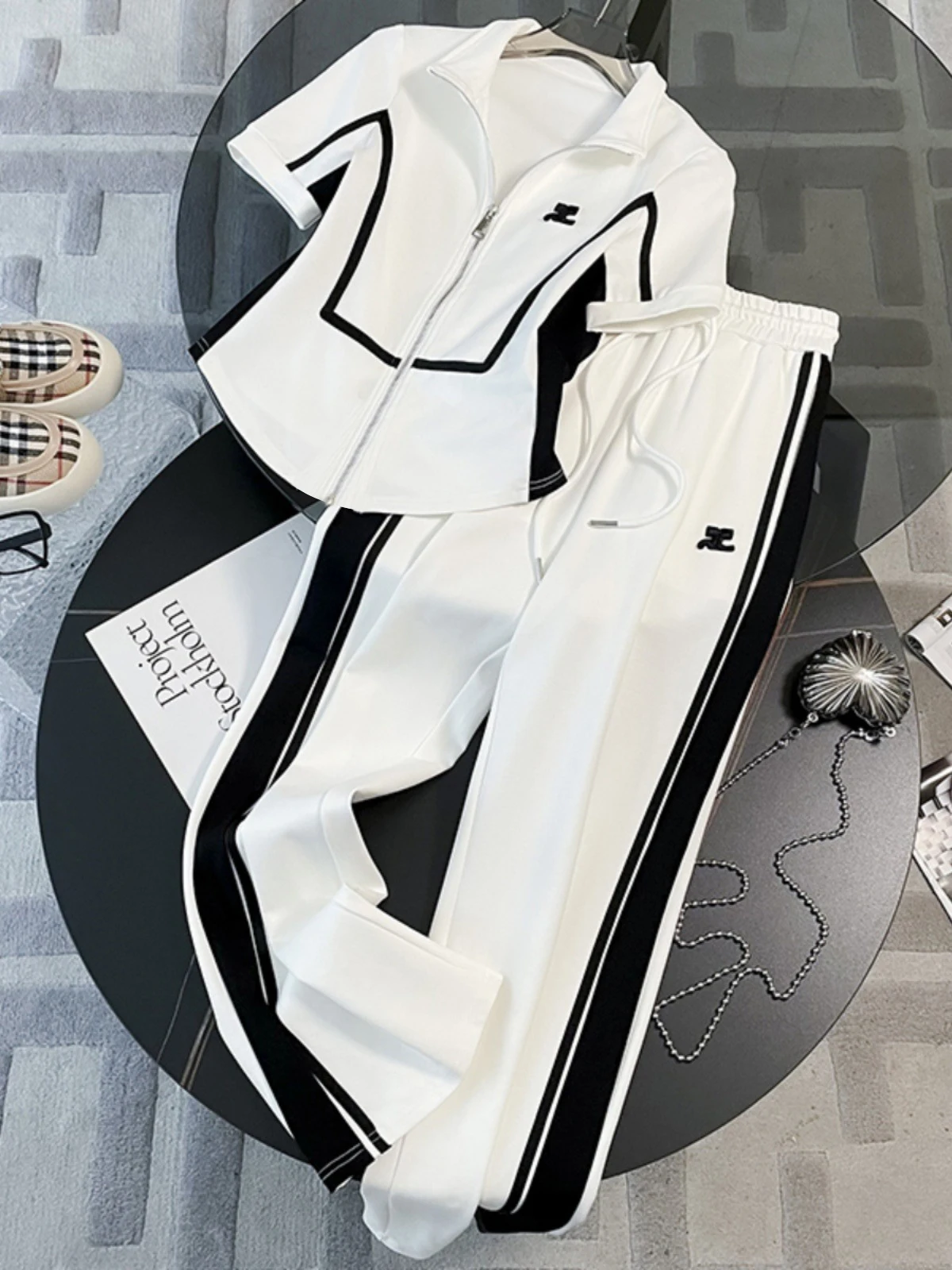 

A GIRLS Short Sleeved Casual Tracksuit Pants 2 Piece Sets Women Outfit Conjuntos Cortos 2023 Summer Cardigan Top+Wide Leg Trouse