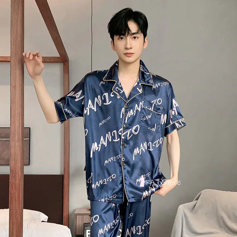 Men Sleepwear Silk Satin Pijama Set Pajama Sets Short Sleeve Sleep Home Clothes Man 2 Pieces Sets Home Suits Pyjamas L-5XL