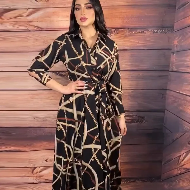 Muslim Fashion Shirt Dress Moroccan Kaftan Dubai Abaya Chain Print Long Sleeve Lapel Single-breasted Elegant Dresses for Women