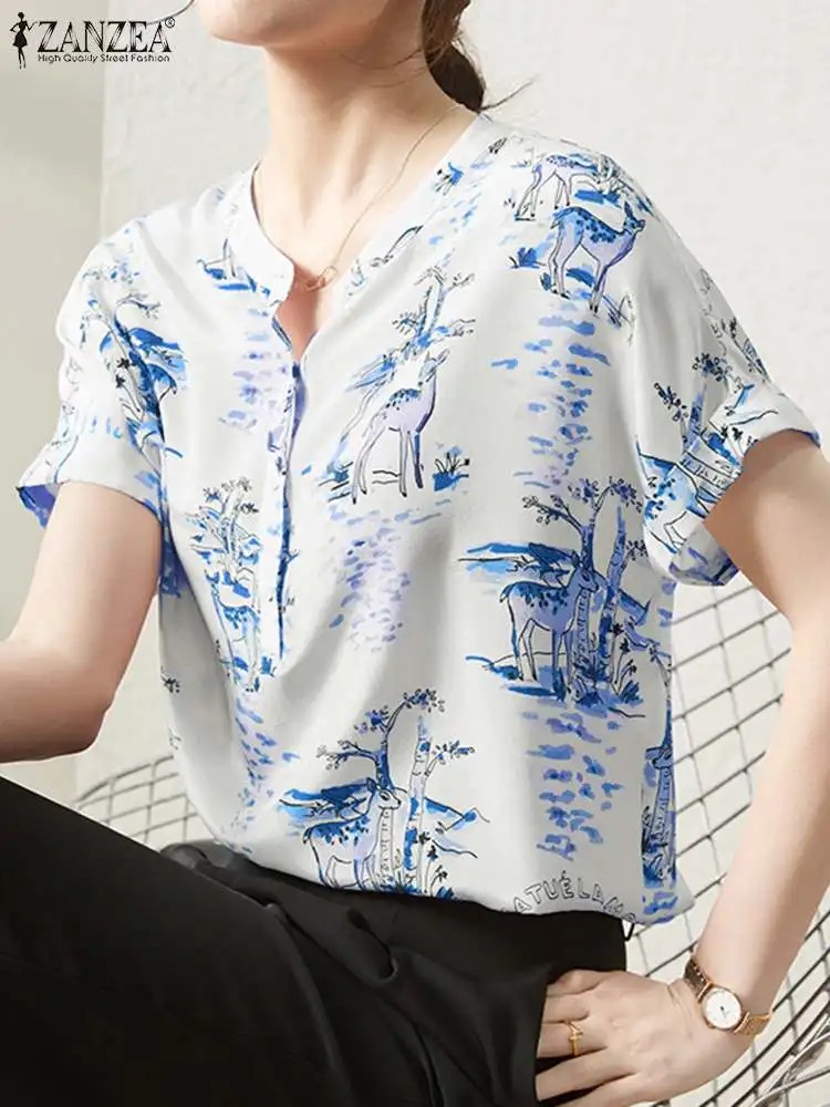 

Богемные пуловеры с принтом, элегантная женская блузка 2022 ZANZEA, винтажная Повседневная летняя рубашка с коротким рукавом, женские топы на пу...
