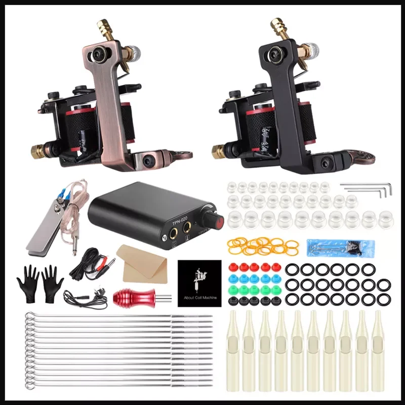 Tattoo Kit Complete Tattoo Machine Set 50p Tattoo Needle Power Supply Practice Skin Tattoo Ink Cup Tip O-ring Tattoo Accessories