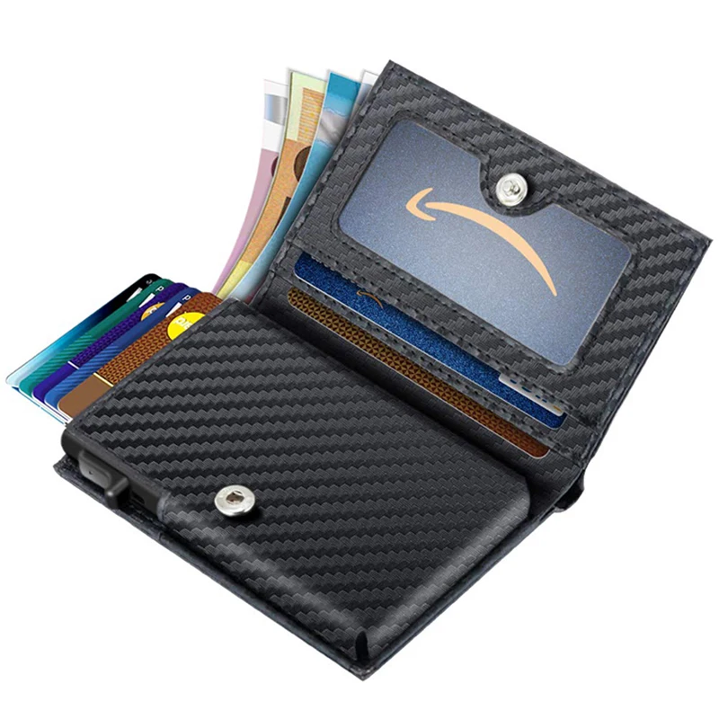 Men Credit Card Holder Slim Fit Pop Up Metal Wallet with RFID Blocking Minimalist Carbon Fiber Leather  Wallet