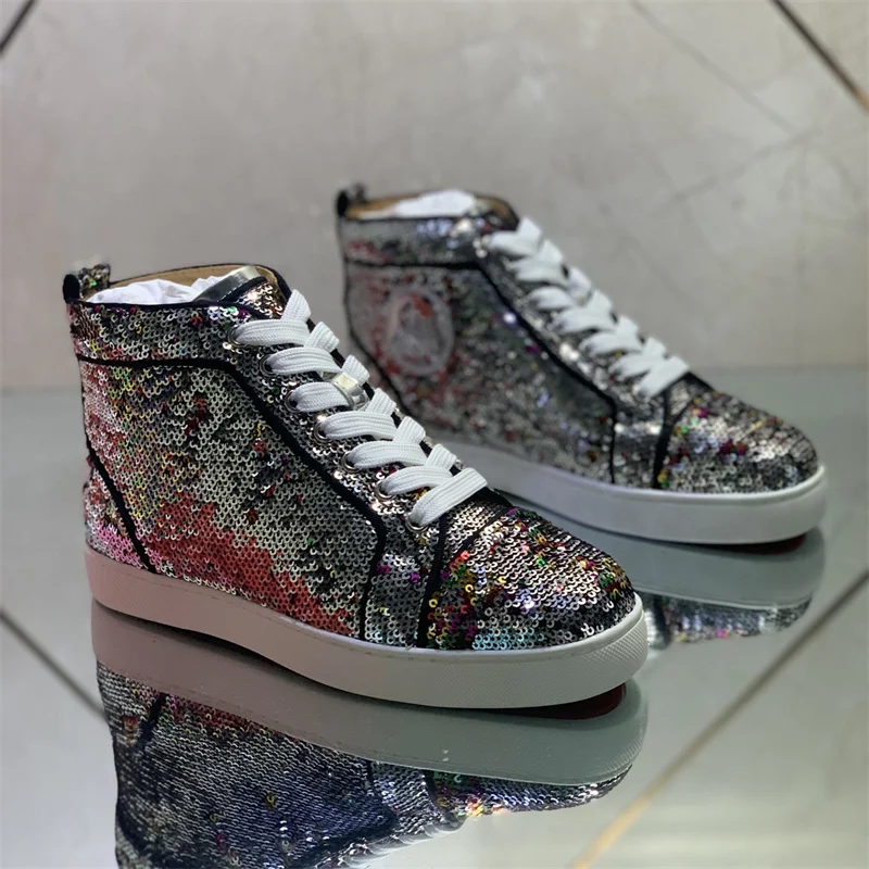 

Spring And Fall High Top Fashion Brand Silver Delicate Luxury Round Head Red Sole Casual Sneakers For Men And Women