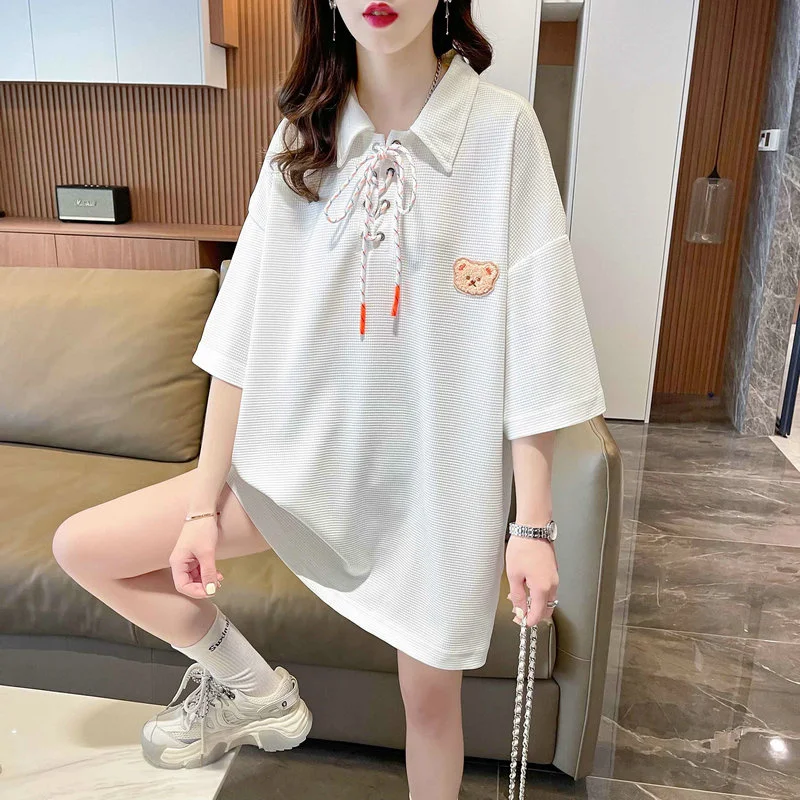 

#4288 Summer Black White Yellow Short Sleeve T Shirt For Girl Turn-down Collar Bandage Women's T-shirt Loose Cartoon Embroidery