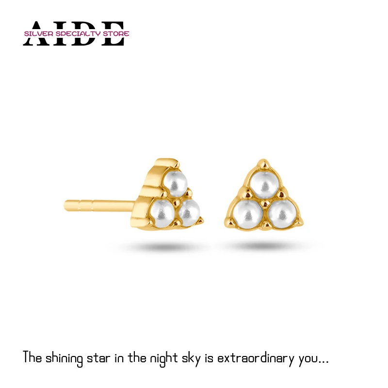 

AIDE 925 Silver Shimmering Round Imitation Pearl Stud Earrings Zircon Piercing Earring For Women Gold Triangle Studs Trinket
