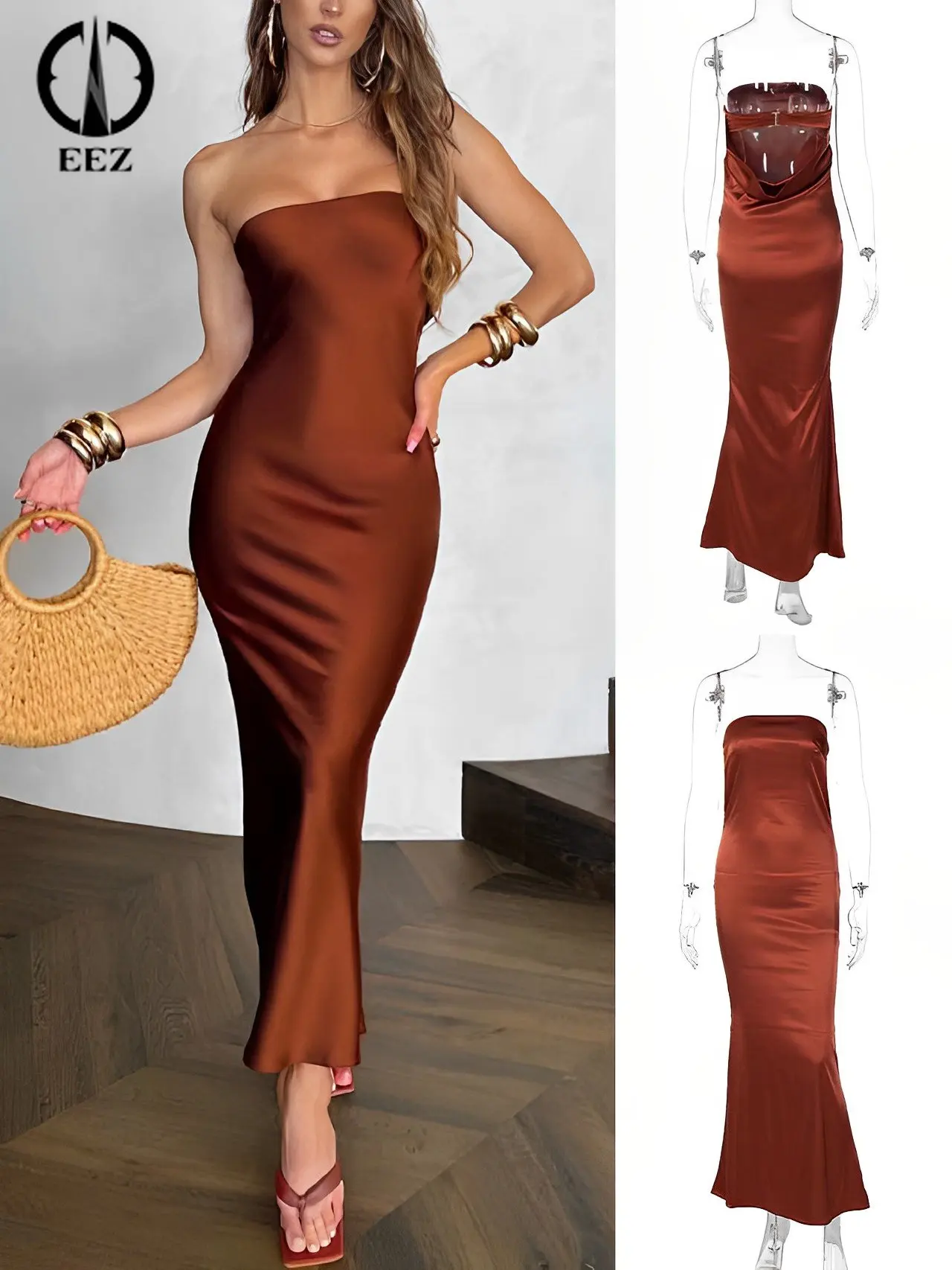 

Brown Satin Backless Midi Dress for Women Summer Elegant Fashion Gown Strapless Long Bodycon Dress Y2k Coquette Slim Sexy Dress