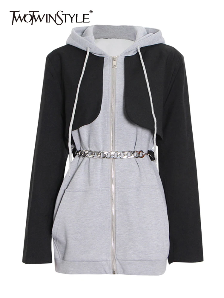 

TWOTWINSTYLE Patchwork Colorblock Jacket For Women Hooded Collar Long Sleeve Chain Solid Coats Female Autumn Clothes Fashion New