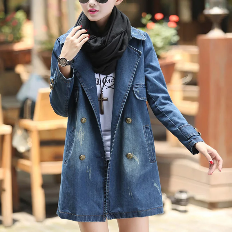 

QNPQYX New Autumn Full Sleeve Womens Windbreaker Casaco Feminino Denim Trench Coat Female Double Breasted Fashion Costumes Blue