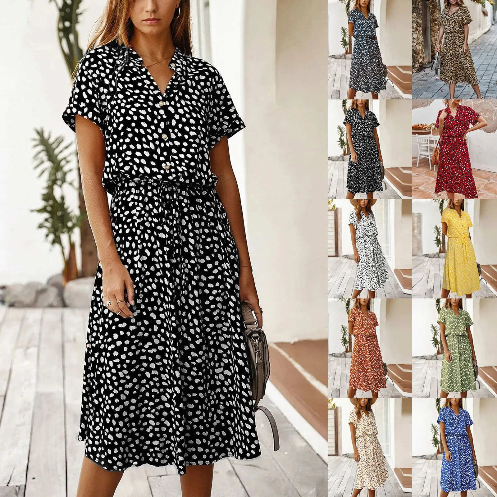 

Dresses For Womens Polka Dots Print Tunic Waisted Midi Dress Summer Casual Short Sleeve Dress Loose Summer Dress Vestidos