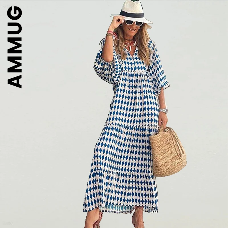

Ammug New Dress Women Popular Robe Lantern Sleeve V Neck Loose Maxi Dress Girl Dresses Elegant Vintage Vestidos Dress Woman