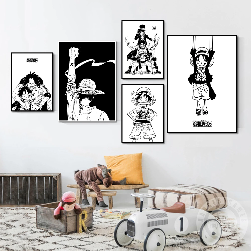 

Anime One Piece Funny Luffy Ace Soba Zoro Poster Black And White Wall Art Print Canvas Painting Picture For Kids Room Home Decor