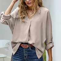 chiffon shirt 2022 spring and summer sexy v neck loose plus size shirt fashion long sleeved top