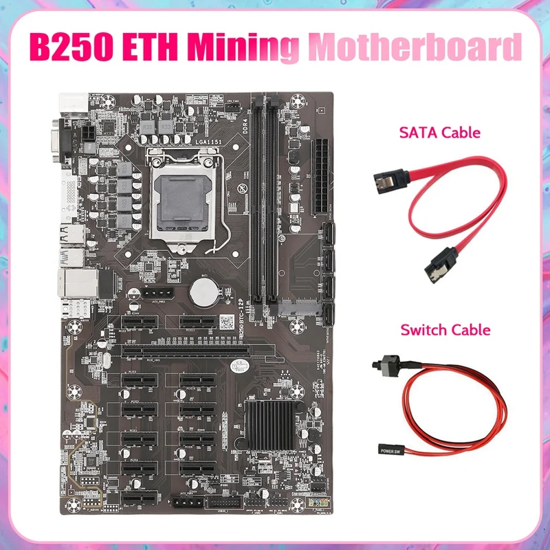

Материнская плата B250B ETH для майнинга + кабель SATA + кабель коммутатора LGA1151 DDR4 12x, слот для графической карты MSATA SATA3.0 для майнинга BTC