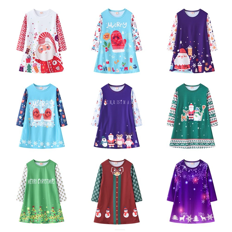 

Disney Girls Long-sleeved Dress Christmas Costumes Cartoon Digital Printing Round Neck Princess Dress Autumn Children Skirts
