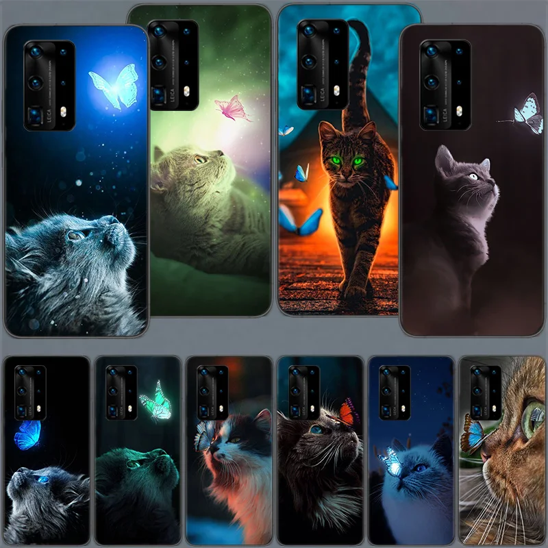 

Butterfly And Cute Cat Phone Case For Huawei Mate 40 30 20 Pro 10 Pro Huawei P50 P40 P30 Lite P20 P10 Lite Cover