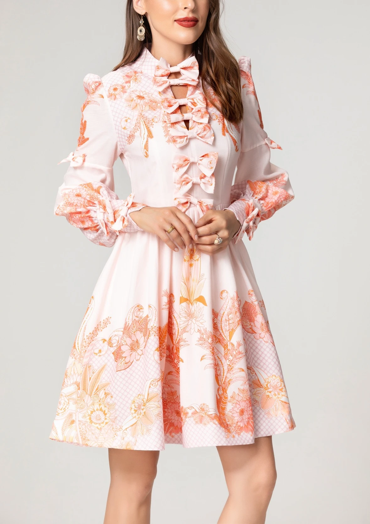 

126517 Fashion Classic Trendy Luxury Designer Cloth Orange Printing Bow Decorate Long Sleeve Princess Style Dress