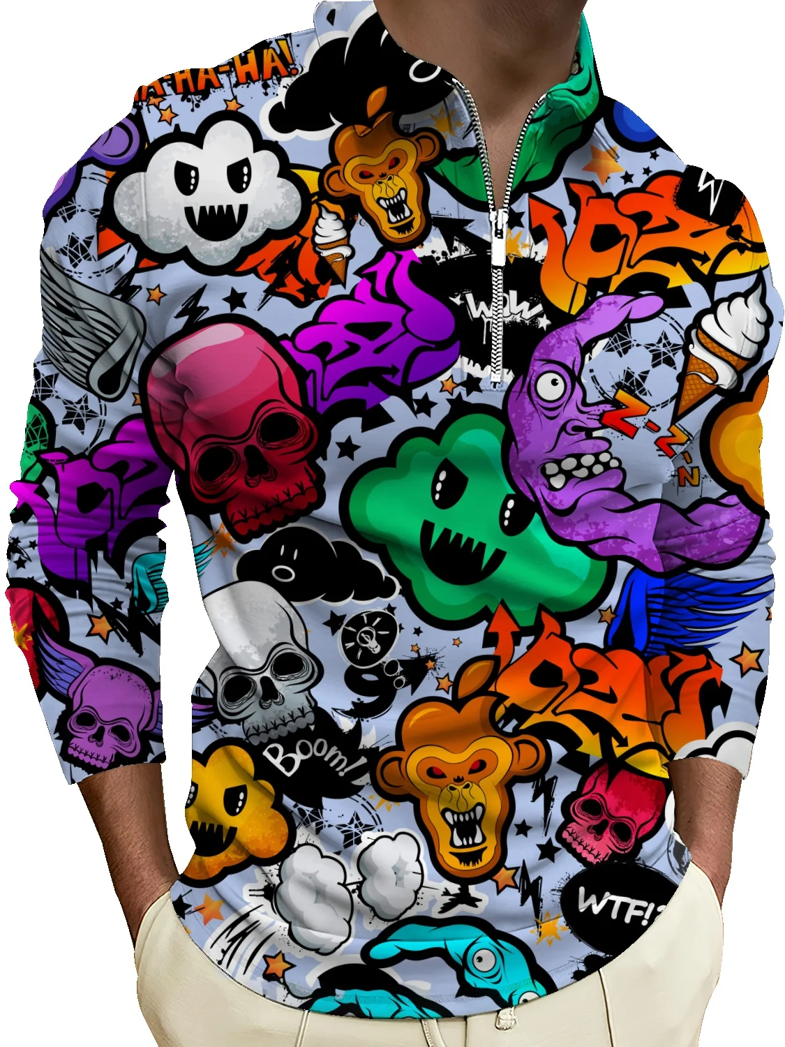 

Рубашка-поло мужская, свитер с граффити, на молнии, с воротником-хомутом, Повседневная Уличная куртка