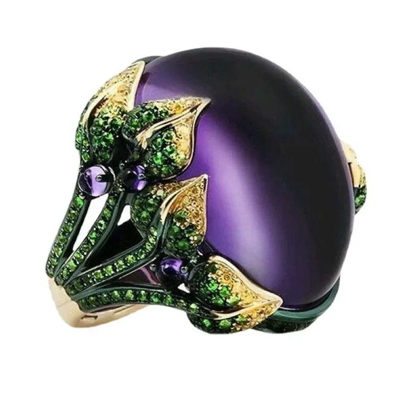 Milangirl Big Oval Purple Crystal Zircon Rings for Women Vintage Fashion Rose Gold Color Engagement Ring Valentine's Day Gift