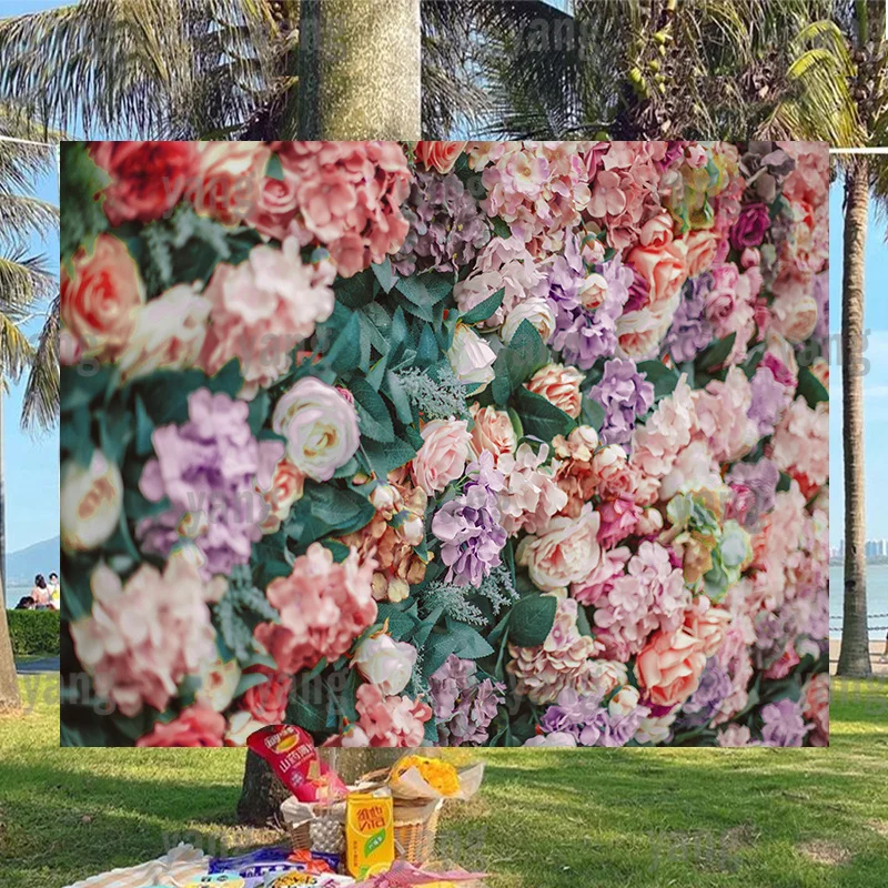 

Искусственные зеленые листья розовый фиолетовый цветок стена романтический свадьба юбилей счастливечерние НКА фон фотография