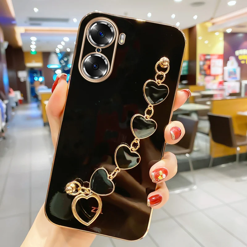Luxury Fashion Plating Love Heart Bracelet Chain Case For Huawei Honor X7 X8 70 50 10 Lite Pro 9X Y7A Y9S Wrist Band Back Cover