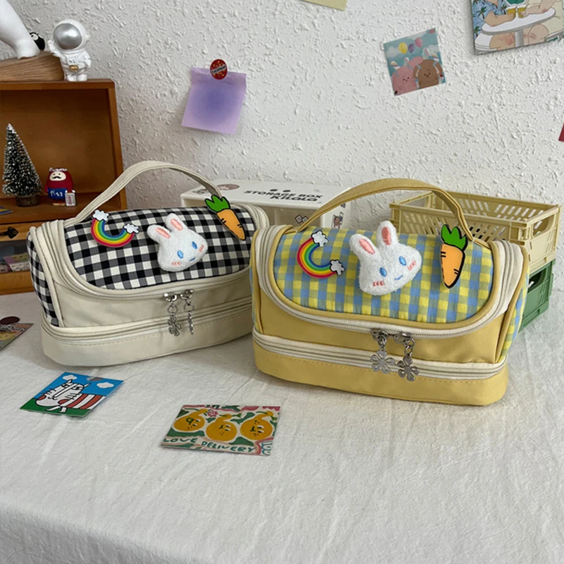 

2022 New Kawaii Nylon Pencil Case Cute Rabbit Large Capacity Double Layer Pencil Bags for Student Children Stationery Supplies