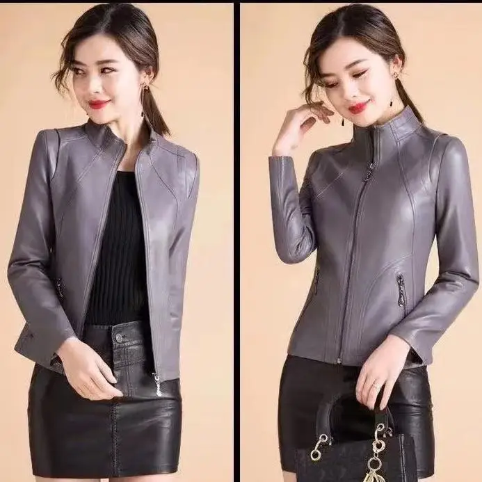 

Женская короткая мотоциклетная куртка из натуральной кожи, на молнии, T668