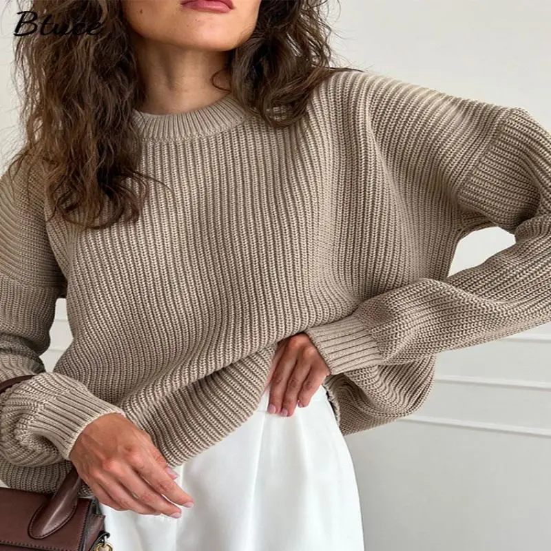 

Women Solid Elegant Sweater Pullovers Chic O-neck Long Sleeve Knitted Sweaters 2022 Autumn Office Female Fashion Casual Tops