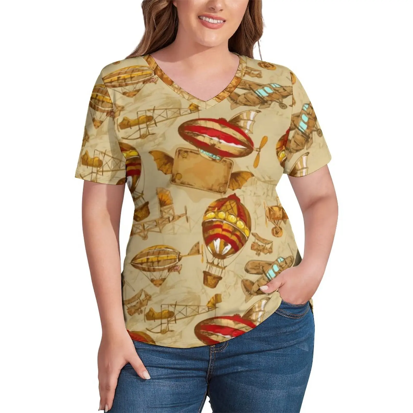 

Balloon Transport T Shirts Steampunk Pattern V Neck Korean Fashion T-Shirt Hip Hop Tee Shirt Summer Print Tops Plus Size 5XL
