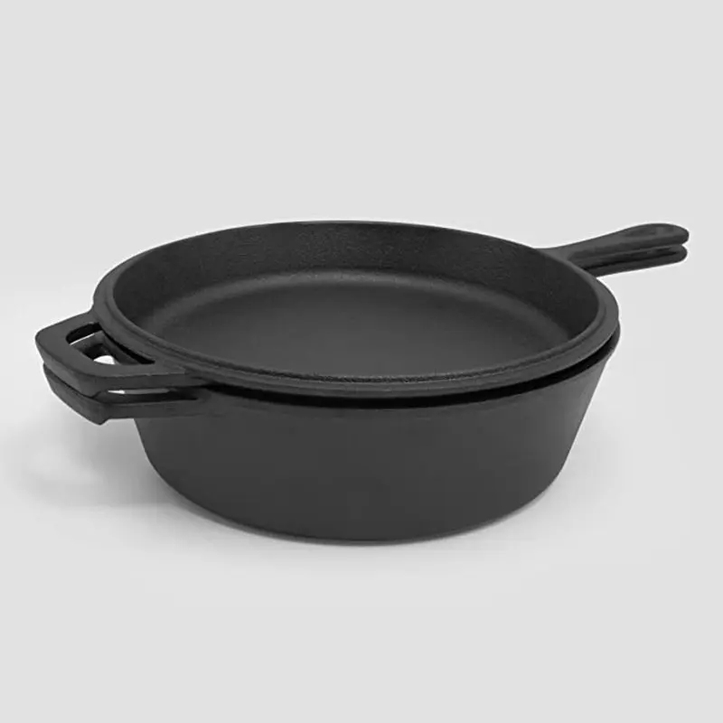 

Awesome 3.5 Qt. Pre-Seasoned Cast Iron Combo Cooker with 10" Frypan and Doubling Lid - Perfect for Cooking and Frying.