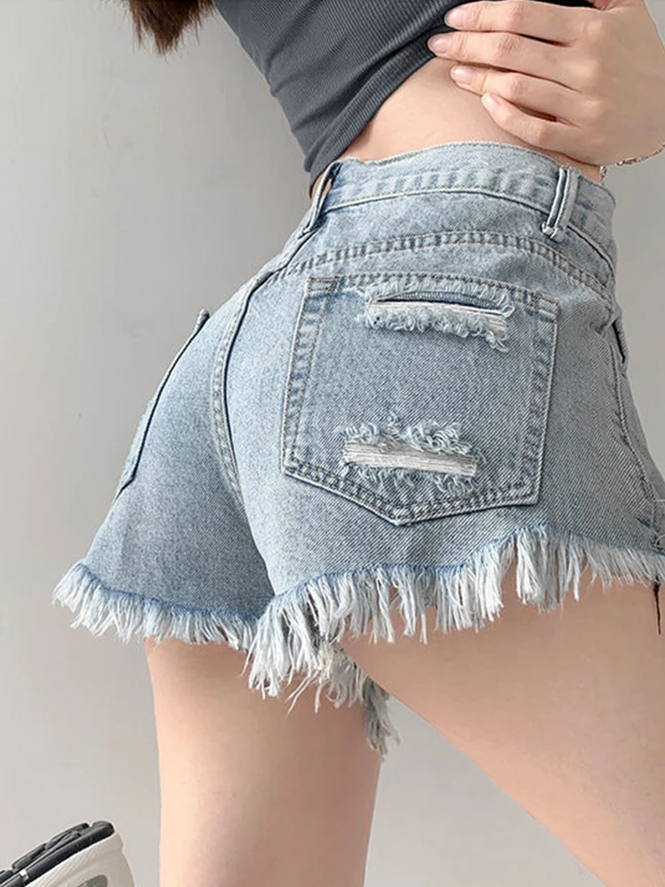 Summer Women High Waist Slim Fit Hole Blue Denim Shorts Streetwear Female Frayed Raw Hem Button Retro Jeans Shorts