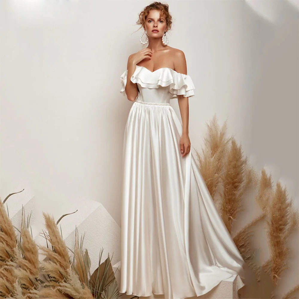 

Ruffles Off The Shoulder Satin Wedding Dress For Brides 2022 Beads Simple Lace Up A Line Bridal Gowns Sweep Train